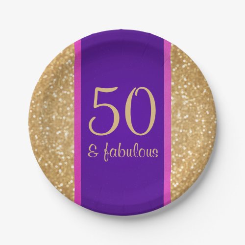 Purple  Glittery 50  Fabulous 50th Birthday Paper Plates