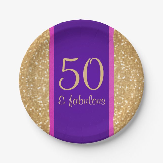 Purple & Glittery 50 & Fabulous 50th Birthday Paper Plates (Front)