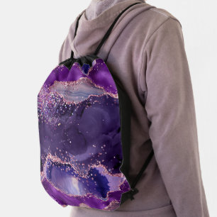 Purple Glittery Agate Texture Drawstring Bag