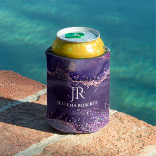 Purple glittery agate texture monogram can cooler