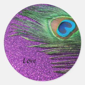 Purple Glittery Peacock Feather Still Life Classic Round Sticker