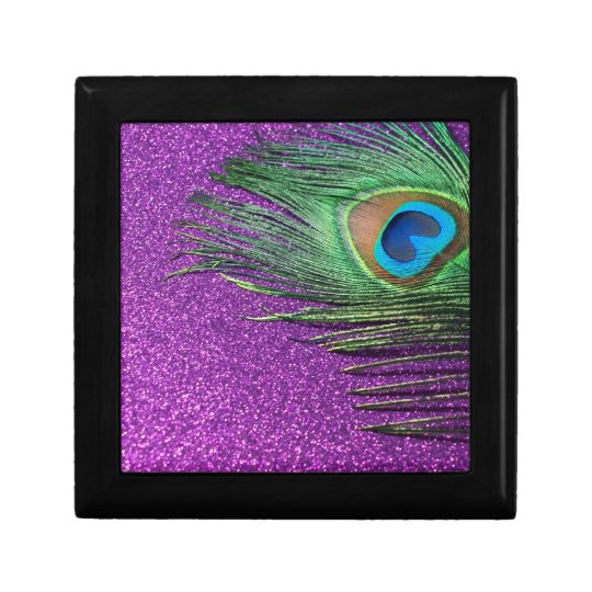 Purple Glittery Peacock Feather Still Life Keepsake Box