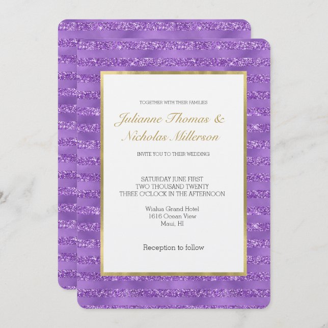 Purple Glittery Stripes Wedding Invitation (Front/Back)