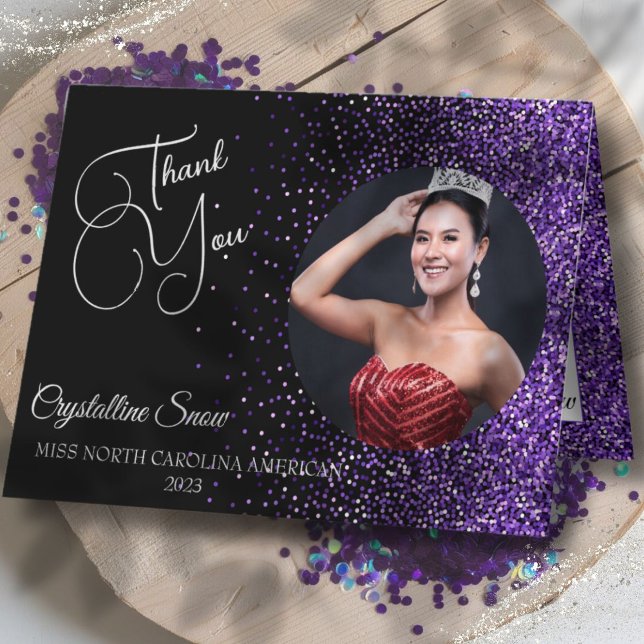 Purple Glitz Pageant Thank You Card (Show off your sparkle and gratitude with custom purple glitz custom photo pageant thank you cards)