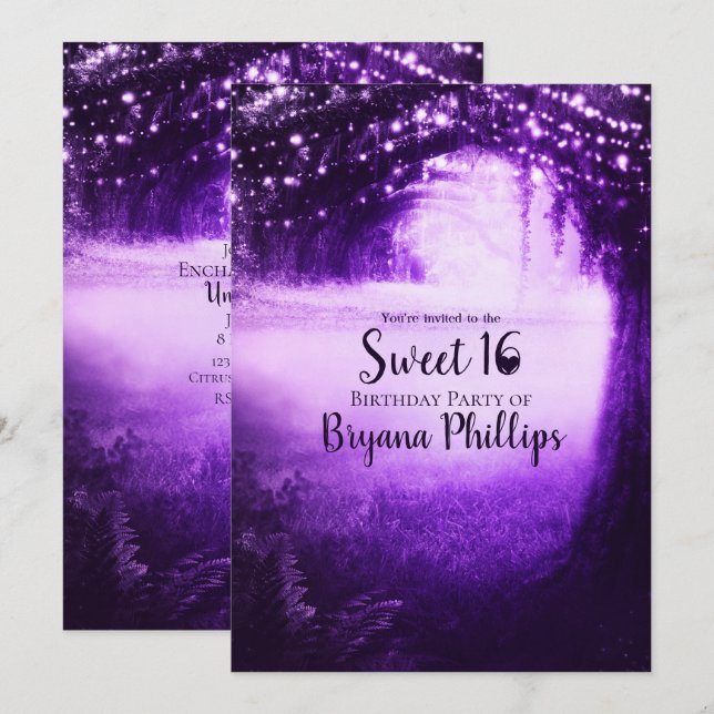Purple Glow Forest & String Lights Sweet 16 Party Invitation (Front/Back)