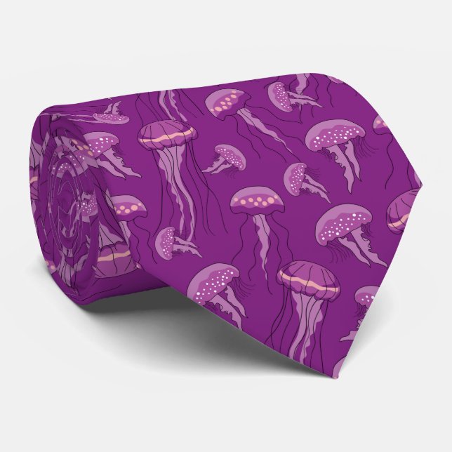 Purple glowing jelly fish pattern neck tie (Rolled)