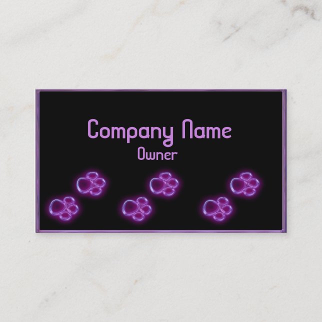 Purple glowing pet paws business card (Front)