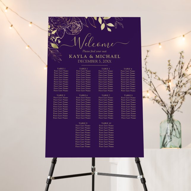 Purple Gold 10 Table Floral Wedding Seating Chart Foam Board (In Situ (Stand))