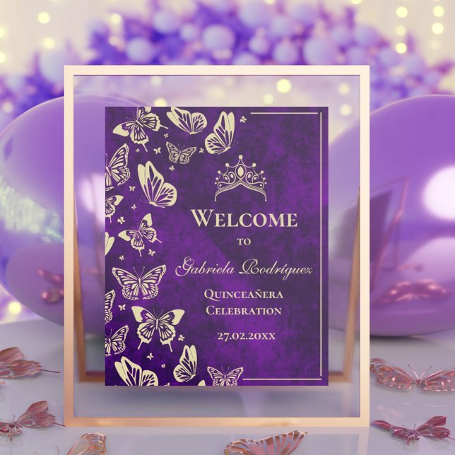 Purple Gold 15th Birthday Quinceañera Welcome Poster (Purple Gold 15th Birthday Quinceañera Welcome Poster)