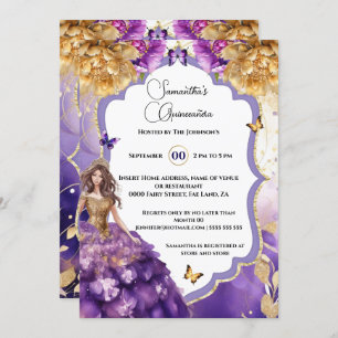 Purple gold 15th Quinceañera peony butterfly party Invitation
