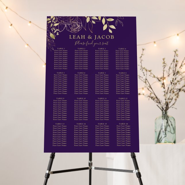 Purple Gold 16 Table Floral Wedding Seating Chart Foam Board (In Situ (Stand))