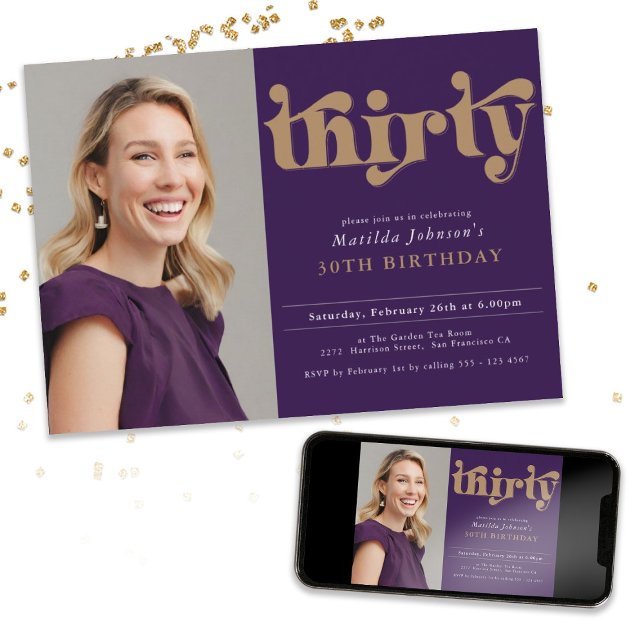 Purple Gold 30th Birthday Party Invitation (Purple Gold 30th Birthday Party Invitation)