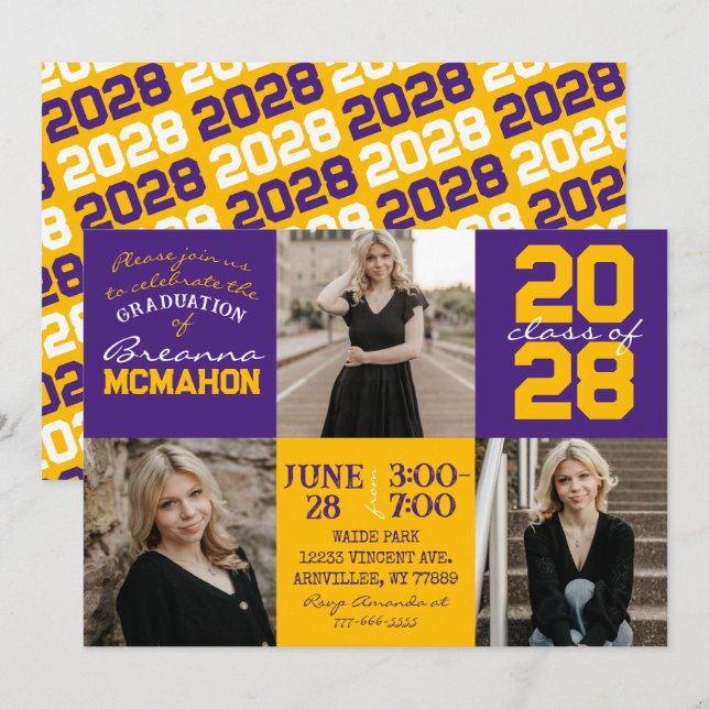 Purple & Gold 3 Photo Graduation Invitation (Front/Back)