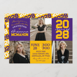 Purple & Gold 3 Photo Graduation Invitation