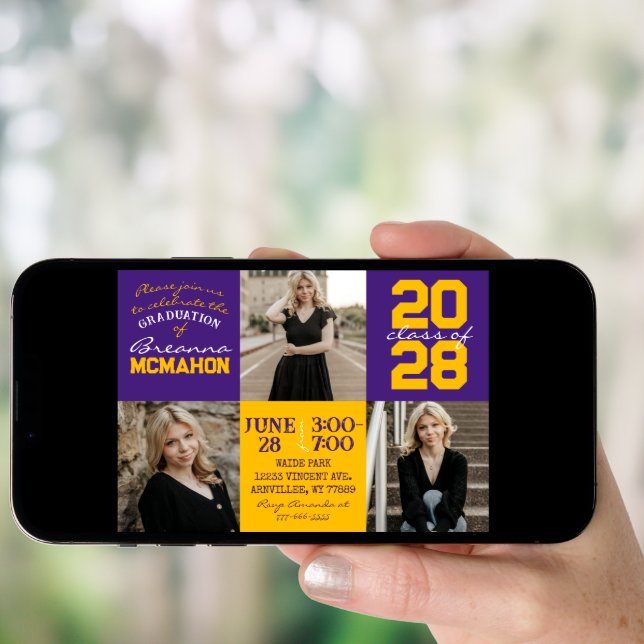 Purple & Gold 3 Photo Graduation Invitation (Front Digital)