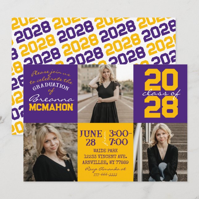 Purple & Gold 3 Photo Graduation Invitation (Front/Back)