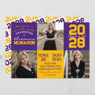 Purple & Gold 3 Photo Graduation Invitation