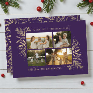 Purple Gold 4 Photo Family Christmas Collage Holiday Card