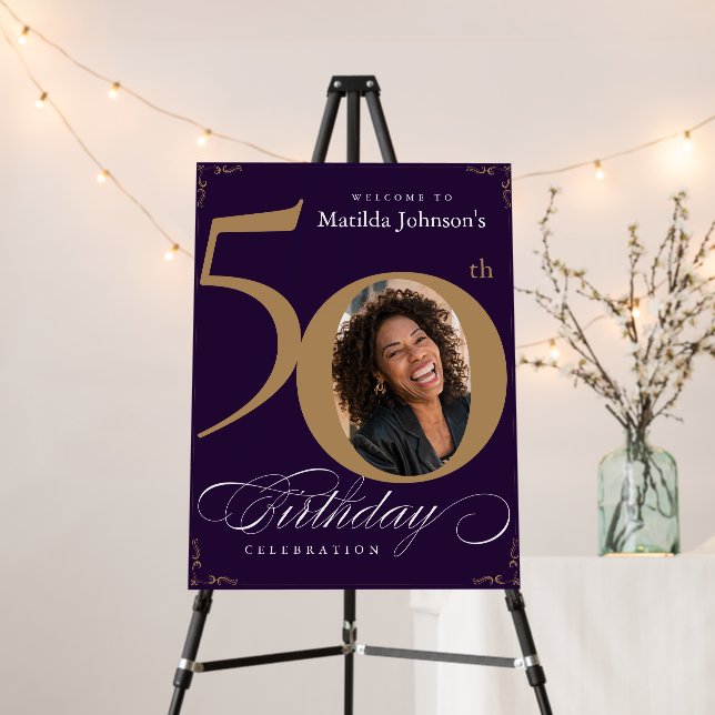 Purple Gold 50th Birthday Calligraphy Welcome Sign (In Situ (Stand))