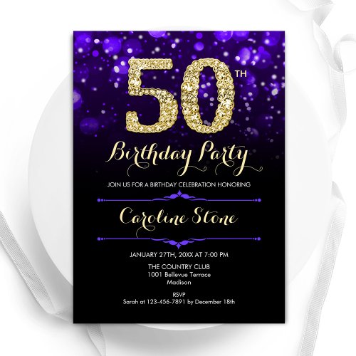 Purple Gold 50th Birthday Invitation