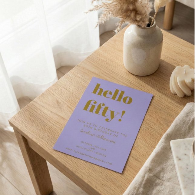 Purple Gold 50th Birthday Party Modern Typography Invitation (Creator Uploaded)