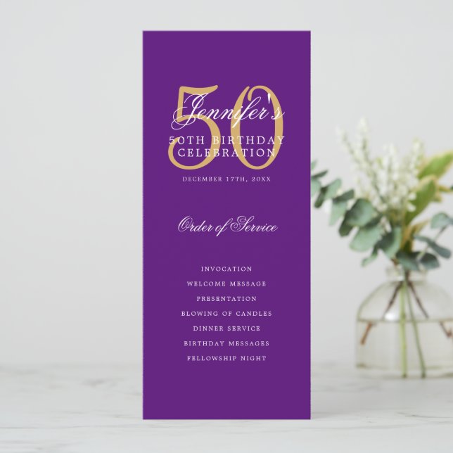 Purple Gold 50th Birthday Party Program w/ Menu (Standing Front)