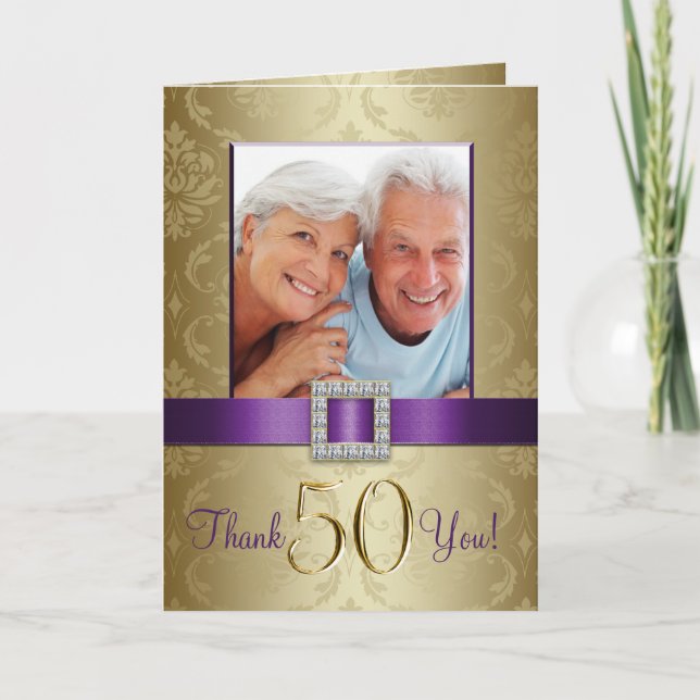 Purple Gold 50th Wedding Anniversary Thank You Card (Front)