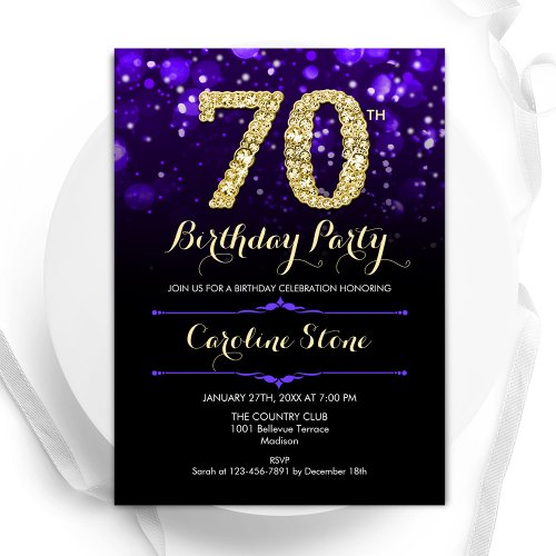 Purple Gold 70th Birthday Invitation