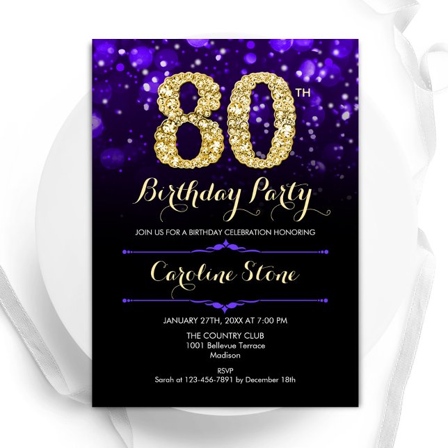 Purple Gold 80th Birthday Invitation (Creator Uploaded)