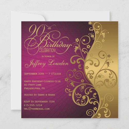 Purple &amp; Gold 90th Birthday Party Invitation