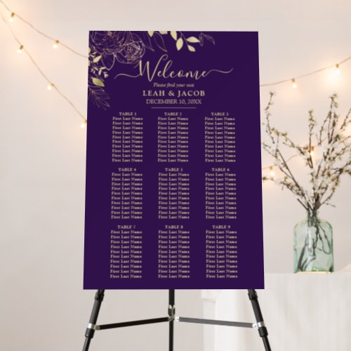 Purple  Gold 9 Table Floral Wedding Seating Chart Foam Board