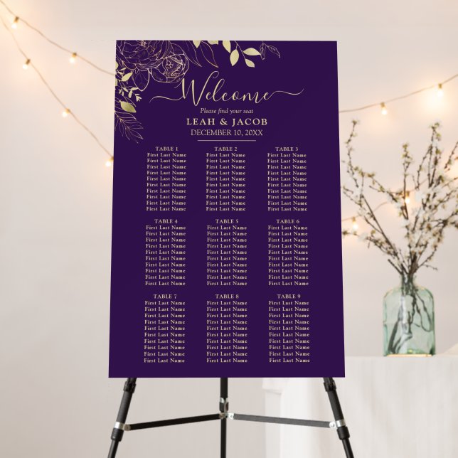Purple & Gold 9 Table Floral Wedding Seating Chart Foam Board (In Situ (Stand))