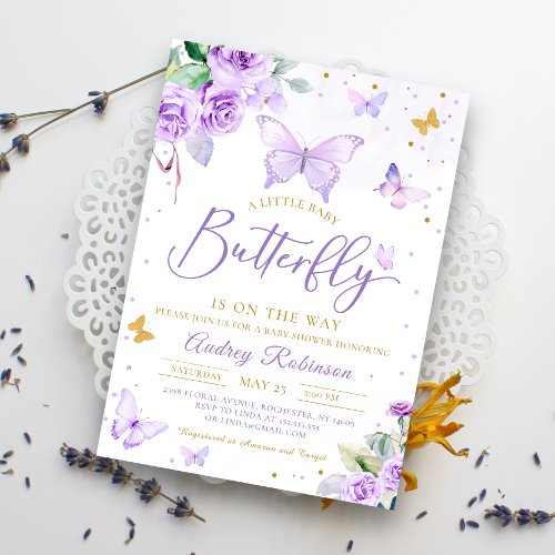 Purple Gold A Little Butterfly Floral Baby Shower Invitation