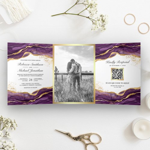 Purple Gold Abstract Ink QR Code Wedding Tri_Fold Invitation