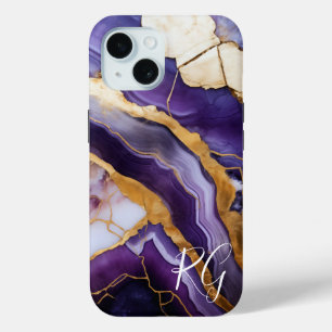 Purple Gold Abstract Marble Monogram iPhone 15 Case