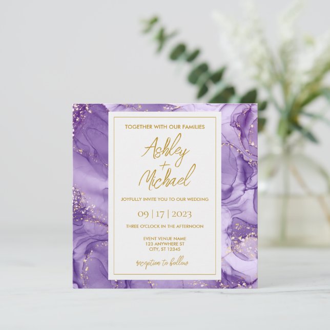 Purple Gold Abstract Marble Wedding Invitation (Standing Front)