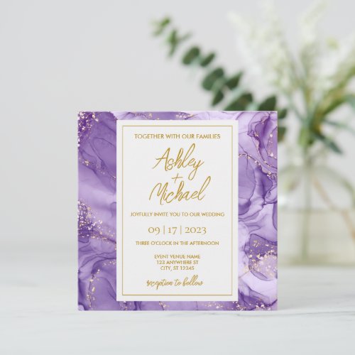 Purple Gold Abstract Marble Wedding Invitation