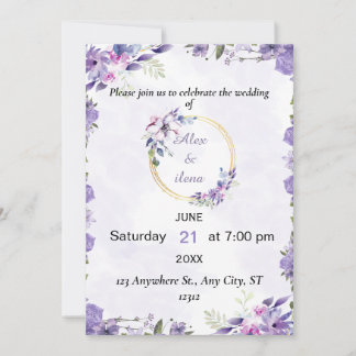 Purple Gold Aesthetic Watercolor Flower Wedding Invitation