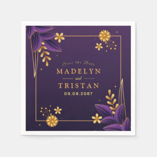 Purple & Gold Aesthetics Floral Wedding Napkins