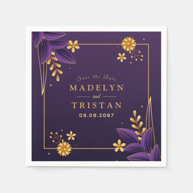 Purple & Gold Aesthetics Floral Wedding Napkins (Front)