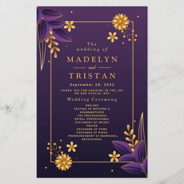 Purple & Gold Aesthetics Floral Wedding Programs (Front)