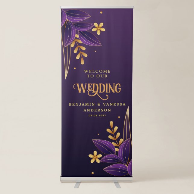 Purple & Gold Aesthetics Floral Wedding Retractable Banner (Front)