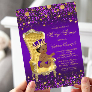Purple Gold African American Prince Baby Shower Invitation