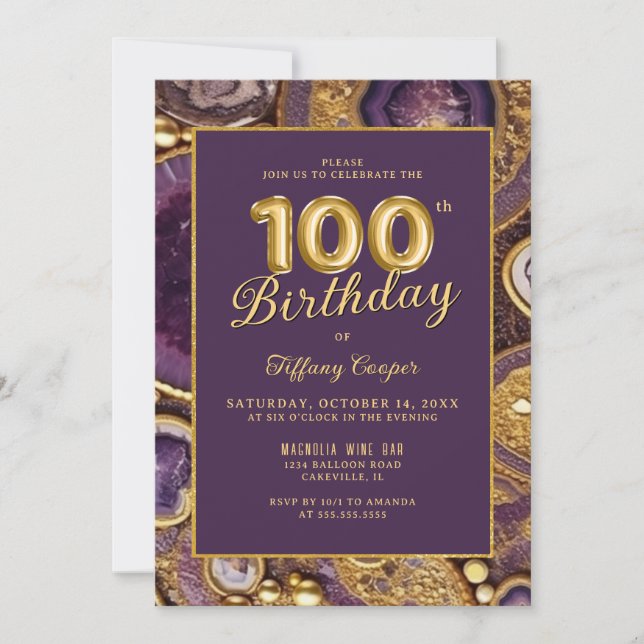 Purple Gold Agate 100th Birthday Invitation (Front)