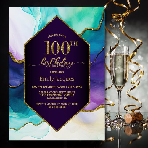 Purple Gold Agate 100th Birthday Party Invitation