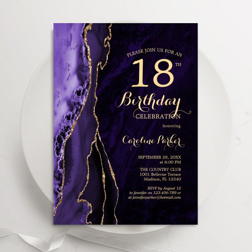 Purple Gold Agate 18th Birthday Invitation