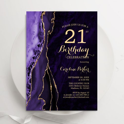 Purple Gold Agate 21st  Birthday Invitation