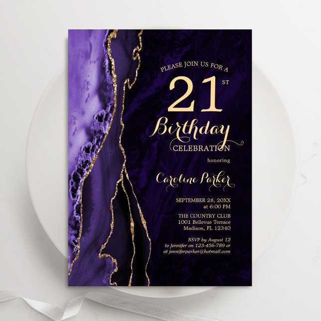 Purple Gold Agate 21st  Birthday Invitation (Creator Uploaded)