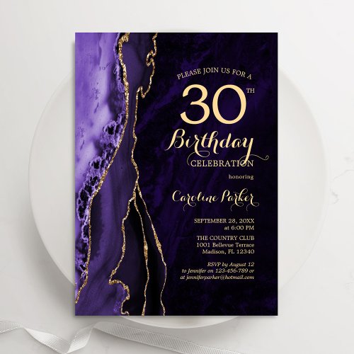 Purple Gold Agate 30th Birthday Invitation