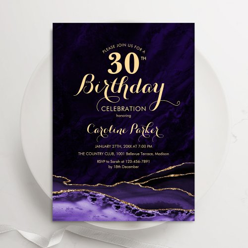 Purple Gold Agate 30th Birthday Invitation